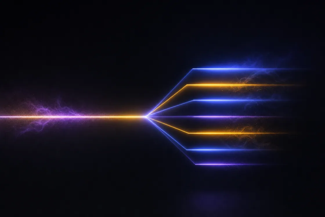 One long beam of light splitting into short clips