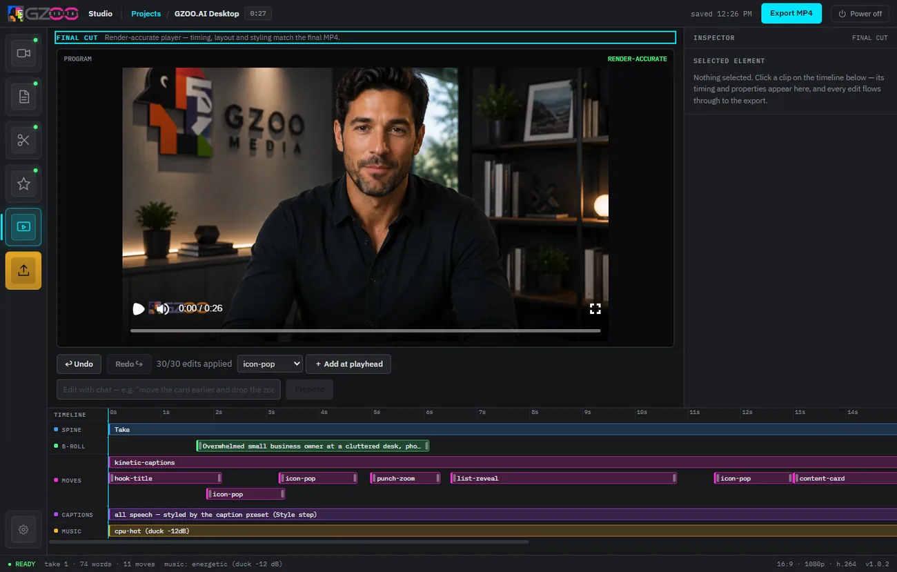 The GZOO Media Studio timeline — AI edits, captions, B-roll and music on one project