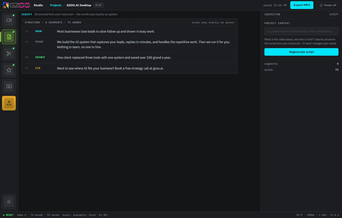 GZOO Media Studio structuring a transcript into hook, point, payoff and call-to-action