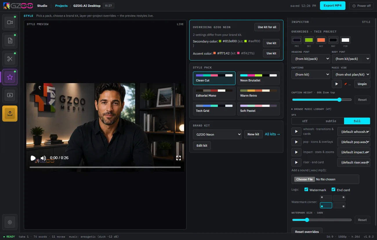GZOO Media Studio's style step: style packs, brand kit and music library